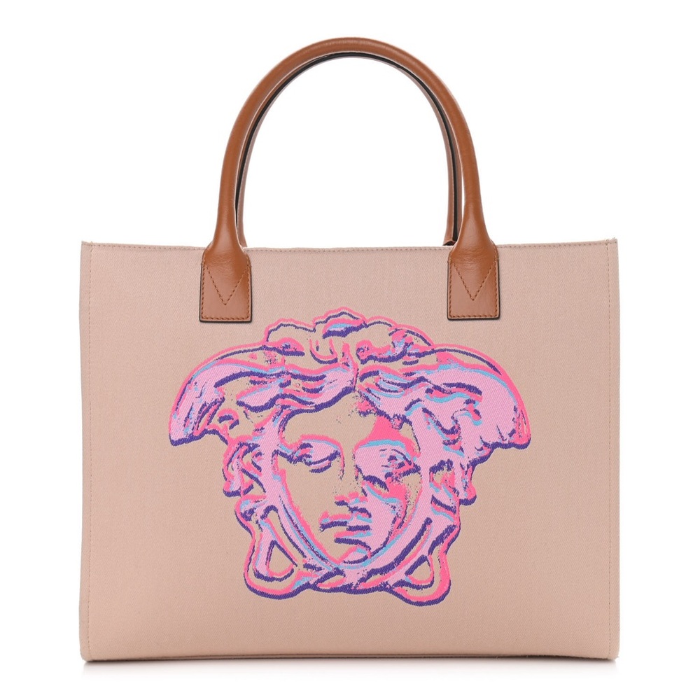 VERSACE 
Canvas Calfskin Large Medusa Pop Cabas Tote Beige Pink NWT limited edit